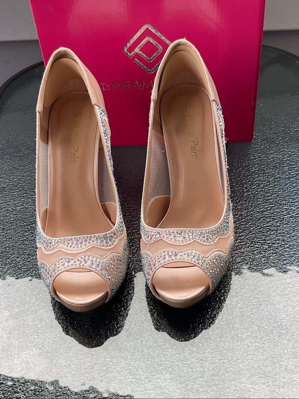 Dream Pairs Women's Pink Crystal Peep-Toe Heels